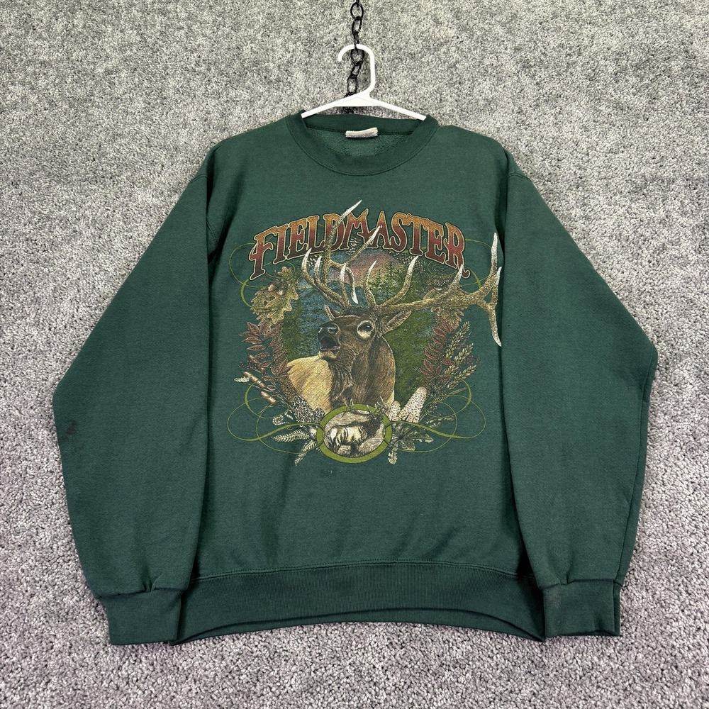 Vtg Fieldmaster Sweatshirt Mens Medium Green Fleece Deer Graphic Crewneck USA